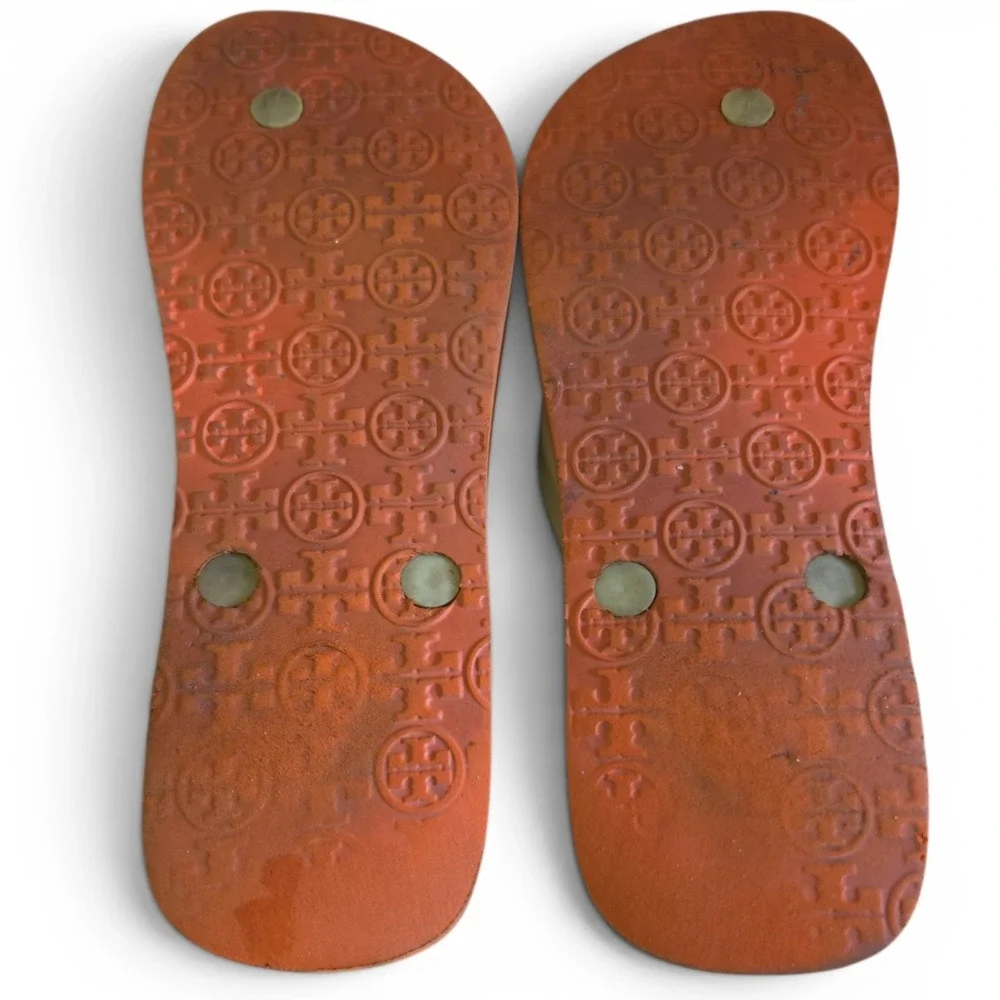 Tory Burch Womens Size 8 Khaki Fanta Orange Thin Flip Flops Sandals With Box